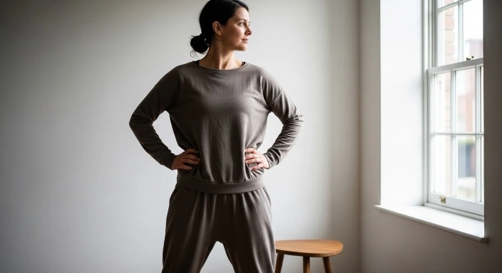 Woman practicing 5-minute confidence boosting power posture in calm natural light for instant confidence