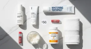 Budget glow-up under $50 showing affordable skincare, hair care, supplements, and confidence essentials on marble