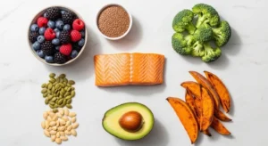 Seven hormone-balancing foods for glowing skin including salmon, berries, avocado, pumpkin seeds, broccoli, flaxseeds, and sweet potatoes arranged on marble surface