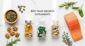 Best hair growth supplements and natural foods including pumpkin seeds, walnuts, and salmon arranged on marble surface for hair health