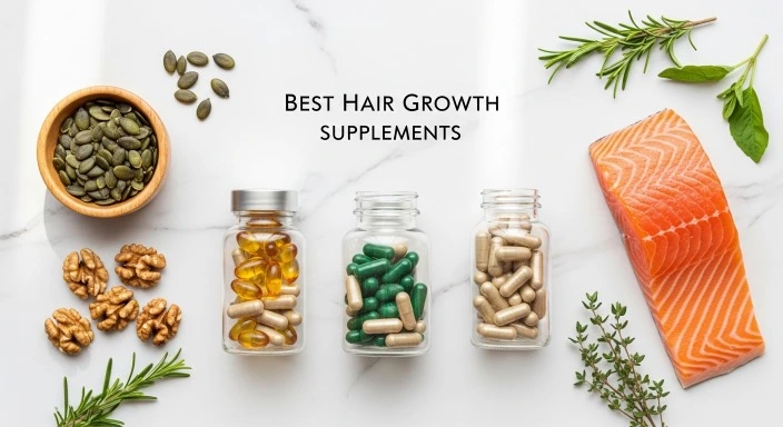 Best hair growth supplements and natural foods including pumpkin seeds, walnuts, and salmon arranged on marble surface for hair health