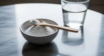 Baking soda paste as gentle safe teeth whitening method at home on marble surface