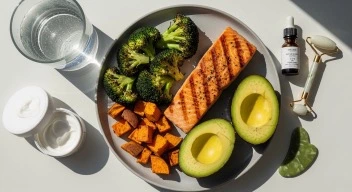 Hormone-balancing foods supporting skincare routine for hormonal skin including salmon, vegetables, and healthy fats