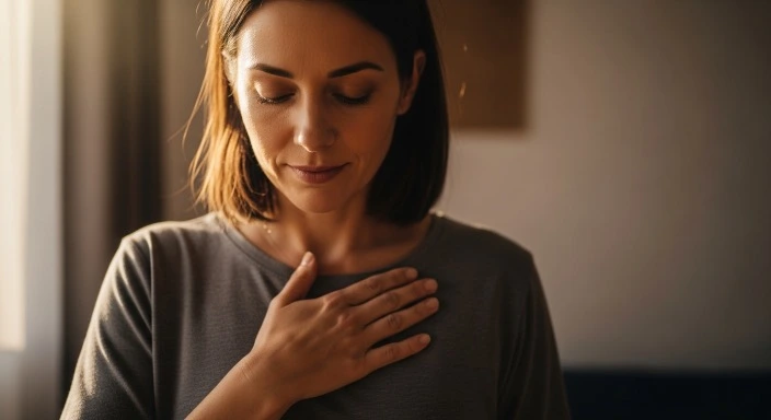 Confidence affirmation ritual with hand on heart for 5-minute self-belief building practice