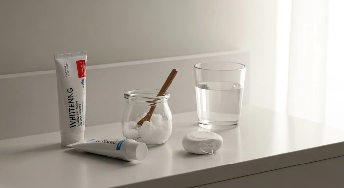 Budget oral care routine with whitening toothpaste, coconut oil for oil pulling, and floss under $10