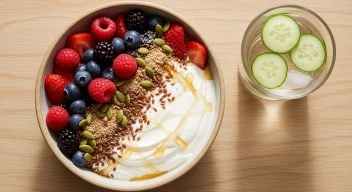  Hormone-balancing nourishing breakfast bowl with berries, flaxseeds, and pumpkin seeds for week two glow up challenge